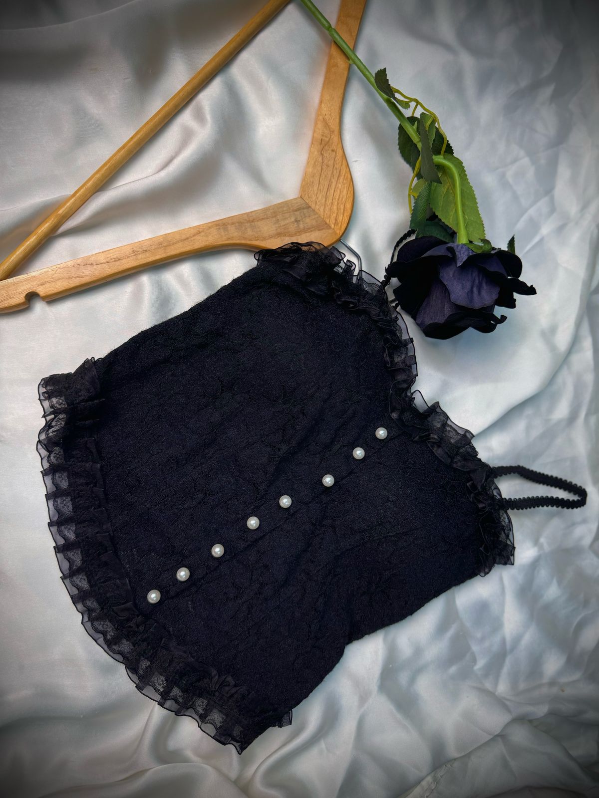 Black Lace Camisole with Pearl Button Detailing