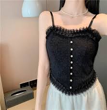 Black Lace Camisole with Pearl Button Detailing
